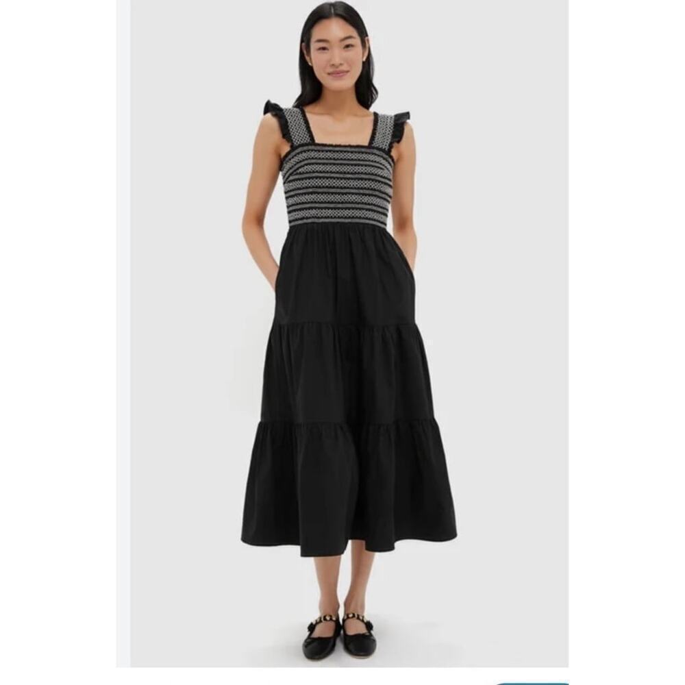 GREYLIN Black Felicia Multi Stitch Smocked Midi Dress Size M NWT